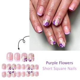 24 PCS Flower Press on Nails Short Purple Fake Nails Spring Floral Designs False Nails Square Full Cover Stick on Acrylic Nail Glue for Women DIY Art Decoration