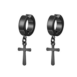 Gold Silver Cross Clip On Earrings Drop Dangle Set for Women Men Cross Titanium Steel Hoop Dangle-Black