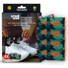 SmellWell - 4-Pack Scented Shoe Deodorizer Inserts - Odor Eliminators - Activated Bamboo Charcoal + Minerals - Natural Freshenes for shoes, bags, gloves - 8 x 1.8oz Original Size Green Camo
