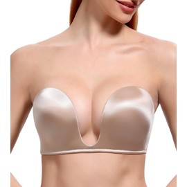 DotVol Women's Multiway Deep U Plunge Padded Push Up Convertible Bra(Beige,34C)