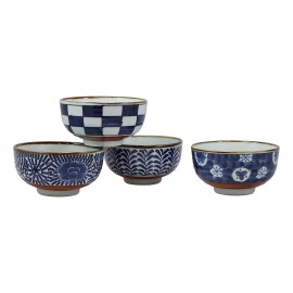 Fuji Merchandise Corp Japanese Shades Of Blue Artistic Porcelain Bowls Set of 4 Rice Salad Miso Soup