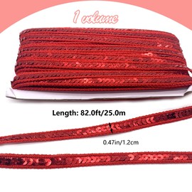DHER 25 Meters Sequin Decor Ribbon, 12mm Sequin Ribbon, Glitter Sequin Ribbon Sequin Trim Ribbons Sequin Border Fabric Sequin Trim, Glittering Sequin Ribbon (Red)