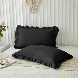 Microfiber Ruffle Pillow Shams Standard Size Set of 2, 20X26 - Solid Ruffled Fringe Design Pillow Cases Soft & Breathable - Unique Collection Decorative Pillow Covers 20X26 - Black