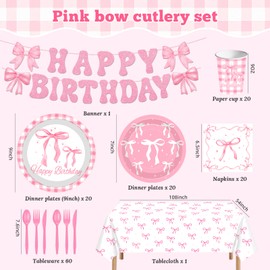 142pcs Pink Bow Party Supplies Plates Napkins Cups Knifes Forks Spoons Banners and Tablecloths for Pink Butterfly Princess Birthday Bridal Engagement Baby Shower Decorations ,Serve 20 Guests