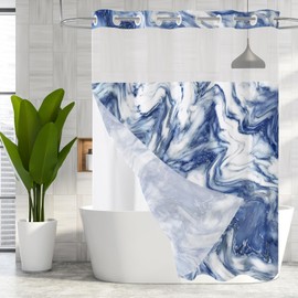 MitoVilla No Hooks Needed Extra Long Shower Curtain Set with Snap-in Liner, Navy Blue 86 inch XL Marble Shower Curtains for Luxury Hotel Grade & Spa-Like Bathroom Decor