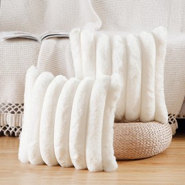 Madizz Plush Faux Fur Throw Pillow Covers 20x20 inch, 50x50 cm Cream White Set of 2 Fluffy Striped Soft Decorative Cushion Cover for Sofa Bedroom Pillow Shell