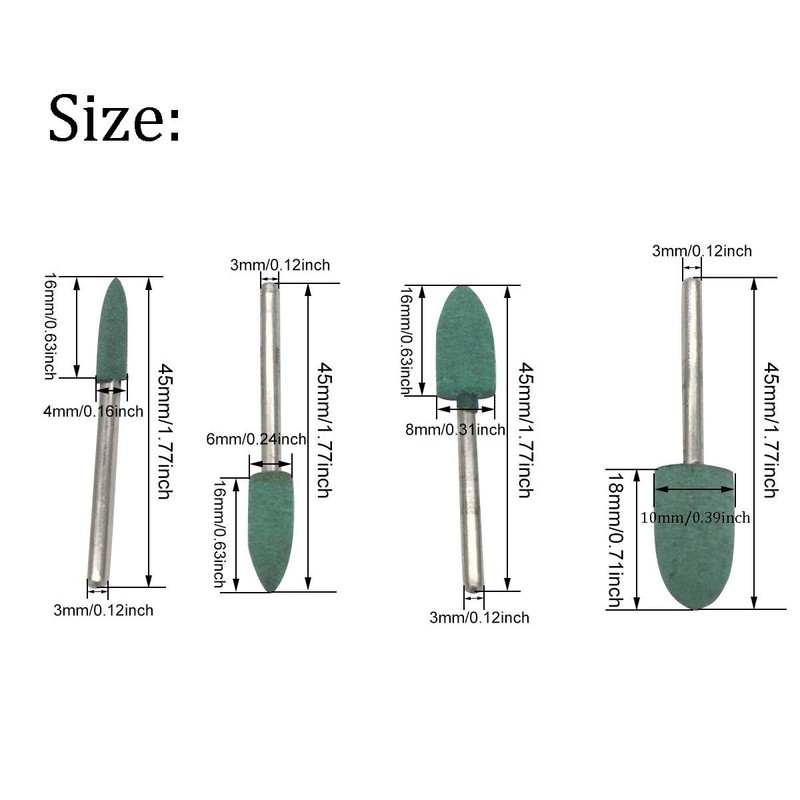 20Pcs Rubber Bullet Head Polishing Burr, 4mm/6mm/8mm/10mm Set, Green Rubber