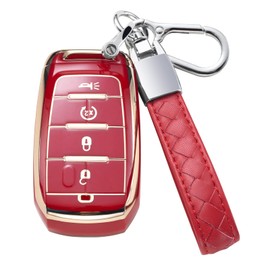CHEZENHUI Compatible with Dodge Key Fob Cover with Leather Lanyard, Car Key Case Shell Protection for 2019-2022 Dodge RAM 1500 2500 3500 4500 5500 3/4/5/6 Button Smart Remote Control,Red