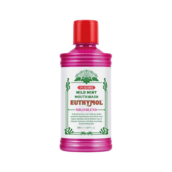 Euthymol Mouthwash Mild Mint 500ml, Alcohol-Free, Distinctive Strong Taste Flavour, Reduce Plaque Gingival Clean Healty Teeth Gums, Freshens Breath Refreshing Daily Oral Dental Care