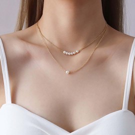 Xduargs Boho Layered Pearl Necklace Gold Pearl Pendent Necklace Vintage Pearl Bead Choker Necklace Adjustable Rice Beaded Chain Necklace Jewelry for Women