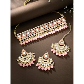 I Jewels Womens Gold Plated Indian Wedding Bollywood Kundan Choker Necklace Chandbali Earring & Maang Tikka Ethnic Jewellery Set Gift (K7228-1) () Pink