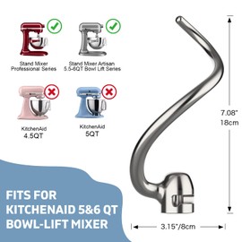 Stainless Steel Dough Hook for KitchenAid 5QT-6QT Bowl-Lift Stand Mixers, Fits Professional 5 Plus, Pro 600 Series, KV25, KP26, Dishwasher Safe