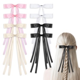 8PCS Silky Satin Ribbon Girl Hair Bows For Women, Ribbon Girl Bows For Hair Barrettes with Long Tails, Bowknot Ponytail Holder Slides for Women Toddlers Teens Accessories(Pink White Rice Black)