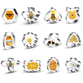 Bee Cookie Cutters Set Small Mini - 3 Inch - 12 Pieces Stainless Steel Biscuit Mold Cutter with Bee, Hexagon Honeycomb, Beehive, Flower, Honey Jar, Plaque Frame, Cartoon Bear Head Shapes Cookie Cutter