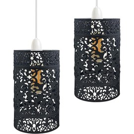 DC Voltage Industrial Easy Fit Metal Cage Drum Lampshade Ceiling Pendant Lampshade with Reducer Plate for Living Rooms Bedroom Kitchen Dining Room (2 Pack Black B6)