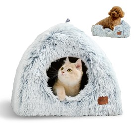CATISM Cat Beds for Indoor Cats 2 in 1 Cat Bed Cave Machine Washable Fluffy Cat Cave Bed Foldable Non-Slip Washable Cushioned Pillow Soft Plush Premium Cotton Pet Bed for Kittens and Small Dogs Gray L