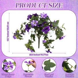 Daifunli 4 Pack Artificial Morning Glory Artificial Fake Flowers Plants Faux Petunias Decoration Silk Petunias UV Resistant Hanging Morning Glory Flower for Home Garden Porch Patio Yard (Purple)