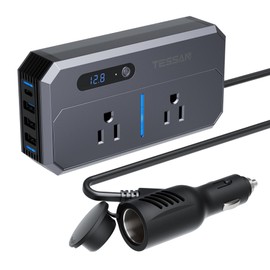 200W Car Power Inverter, TESSAN 12V DC to 110V AC Car Converter with 2 AC Outlets and 4 USB Ports, PD/QC 3.0 Fast Charging, Car Essentials for Camping, Road Trip, Gray