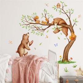 Jungle Animals Wall Decals Cute Brown Bear Green Tree Squirrel Butterfly Safari Wall Stickers Living Room Kids Bedroom Baby Nursery Playroom Wall Decor