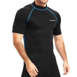 TERODACO Rash Vest Mens Short Sleeve UV 50+ Swimming Shirts for Men Compression Sweat Wicking Rash Guard Mens Base Layer for Wetsuit Diving Surfing,Quick Dry Lightweight Stretchy 222 Black Blue M