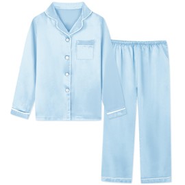 Silk Pajamas for Girls Satin Long Sleeve Button Down PJ Set Two-Piece Sleepwear for Kids, Light Blue Pjs, 11-12 Years