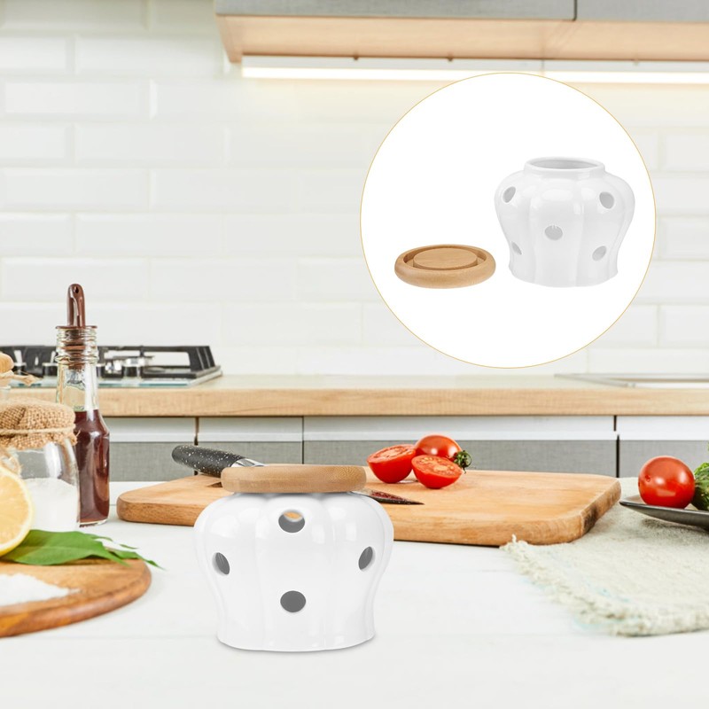 BESTONZON White Stoneware Garlic Keeper Bamboo Lid Round Ceramics Garlic