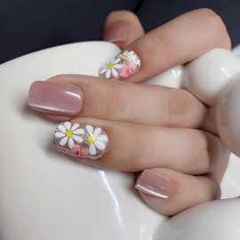 VESWEET Daisy Nude Press-On Nails - Short, Reusable Glue-On Nails for Women, Perfect Fit in 12 Sizes, 28-Piece Set, Elegant Nude with Hand-Painted Daisies, Ideal Gift for All Occasions