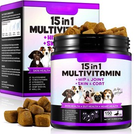 Dog Multivitamin Chewable, 15-in-1 Dog Vitamins Supplements, Support Health- Skin, Immune System, Skin & Coat, Hip & Joint Supplements for All Ages All Breeds(150 Chews Duck Flavor)