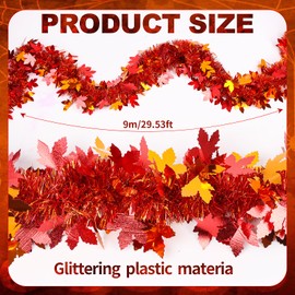 FOKICOS Thanksgiving Tinsel Garland, 30Ft Metallic Fall Garland Twist Hanging Maple Leaf Garlands for Fall Thanksgiving Party Supplies Home Fireplace Decor Outdoor Indoor