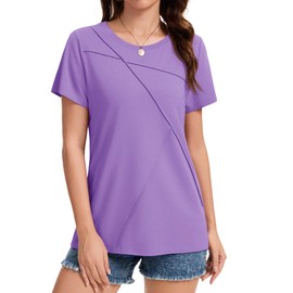 YUCOLEN Womens Summer Tops Pleated Short Sleeve T Shirts Round Neck Dressy Casual Shirts LtPurple M