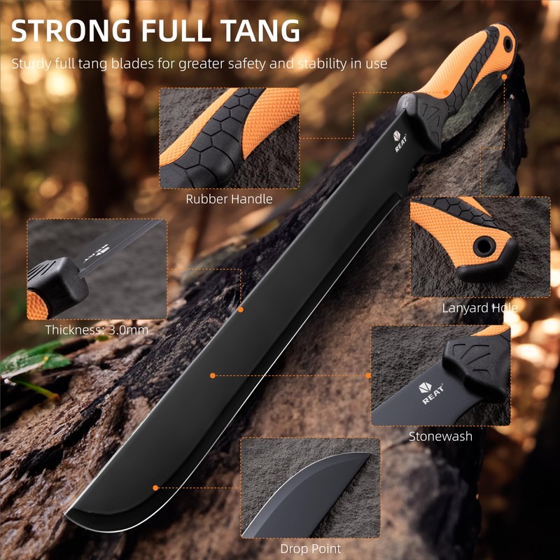 REAT Gardening Heavy Duty Machete,24" Full Tang Machete with Shaeth,Ergonomic