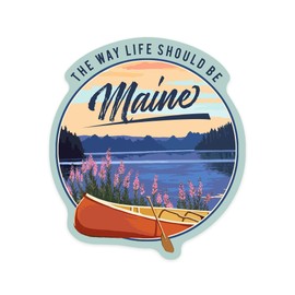 Die Cut Sticker Maine, The Way Life Should Be, Canoe and Lake, Contour Vinyl Sticker 3 to 6 inches, (Waterproof Decal for Cars, Water Bottles, Laptops, Coolers), Large