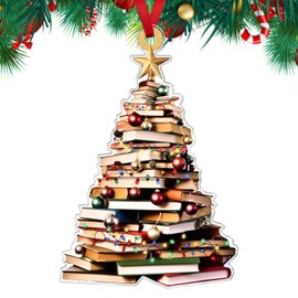 Christmas Tree Ornaments - 2D Flat Christmas Tree Shape Bookshelf Pendant, Stacked Books Christmas Ornament, Library Decor for Book Lovers, Bookworm Bookshelf Decoration, Holiday Book Lovers Gifts (E)
