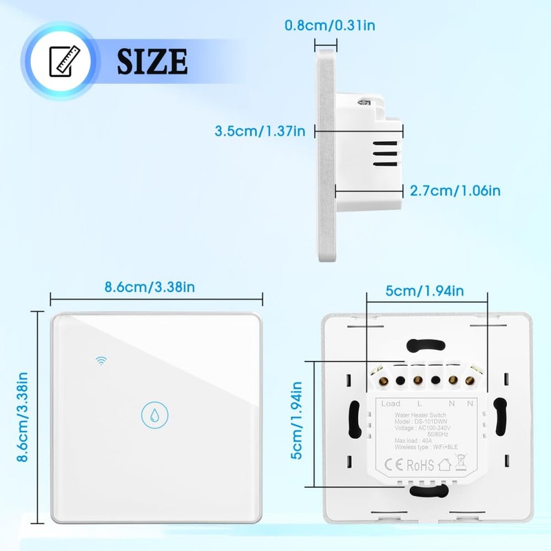 Smart Immersion Heater Timer, 40A 8000W WiFi Smart Switch with