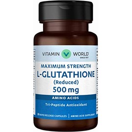 Vitamin World L-Glutathione 500 mg. Reduced 30 Capsules, Amino Acid, Antioxidant Support, Rapid-Release, Gluten Free