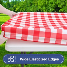 Smiry Picnic Table Cloth 2 Pack, Waterproof Elastic Fitted Tablecloths for 6FT Rectangle Tables, Washable Polyester Buffalo Plaid Tablecloth for Camping, Dining & Outdoor (Red & White, 30" x 72")