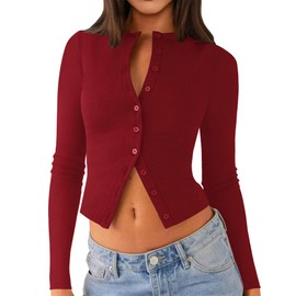 Matunana Womens Fall Long Sleeve Tops Lightweight Cardigan Cropped Sweaters Crop Going Out Shirts Ribbed Button Down Cute Y2k Trendy Outfits Fashin Clothes 2025 Red