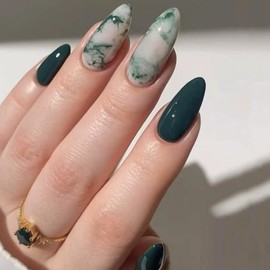 24Pcs Bottle Green Blooming Press on Nails Medium Almond Fake Nails with Atrovirens Gradient Design Marbling Contrast Color Glue on Nails Acrylic Glossy Full Cover Stick on Nails for Women