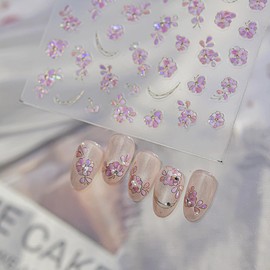 Flower Nail Stickers 5D Embossed Nail Art Stickers Spring Nail Decals DIY Self Adhesive Glitter Purple Laser Flower Design Bling Sticker Nail Decoration for Women Manicure Accessories