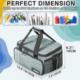 ORKELS Craft Paint and Marker Organizer, Acrylic Paint Storage Bag with Brush and Bottle Holders, Large Marker Carrying Case for Artists (Gray)