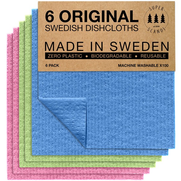 SUPERSCANDI Swedish Dishcloths Eco Friendly Reusable Sustainable Biodegradable Cellulose Sponge Cleaning Cloths for Kitchen Dish Rags Washing Wipes Paper Towel Replacement Washcloths (6 Pack)