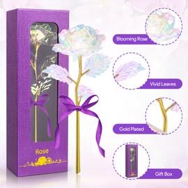 QIHUACOOL Rose Gifts for Her, Girlfriend,Women, Wife, Mom, Rainbow Artificial Rose Flower Gifts for Mom with Gold Foil Stem, Unique Gifts for Mothers Day Birthday Anniversary