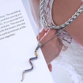 Cimenexe Bohemian Layered Snake Pendant Necklace Silver Twist Rope Chain Necklace Crystal Serpent Choker Necklace Layered Colorful Cz Snake Necklace Jewelry for Women and Girls Gifts