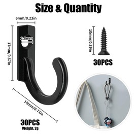 KATIMI Pack of 30 Black Screw-On Hooks, Wall Hooks for Screwing Wall Hooks Black with 30 Screws, Coat Hooks Wall Hangers Wall Mount for Bedroom and Kitchen