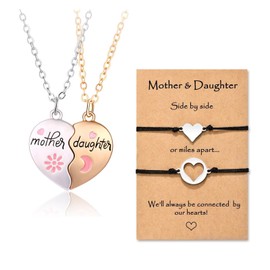 Ptenzor Mom & Daughter Matching Bracelets And Matching Heart Necklace Set–Heart Charm Adjustable Jewelry, Mommy and Me Gift for Christmas, Birthday, Mother's Day