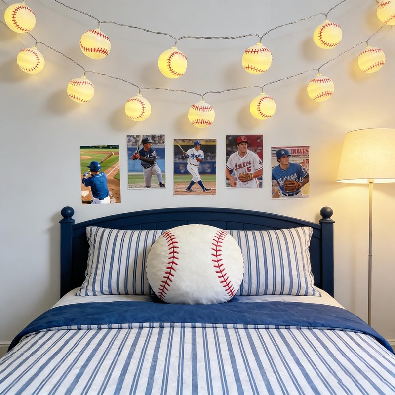9.8ft Baseball Theme String Lights with Remote,Timer Dimmable Function,USB Powered