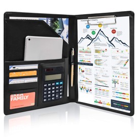 GraduatePro Leather Business Padfolio Notebook with Letter Size Clipboard, A4 Portfolio Binder & Organizer Folder, Interview/Resume Document Organizer with Sleeve Holder Black