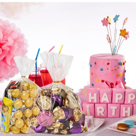 Nobranded 50 pcs Clear 11" x 14" Flat Cello Cellophane Bags Poly Treat Bags 2.8 mils for Gift Wrapping, Bakery, Cookie, Candies, Toast, Dessert, Party Favors Packaging with Color Twist Ties