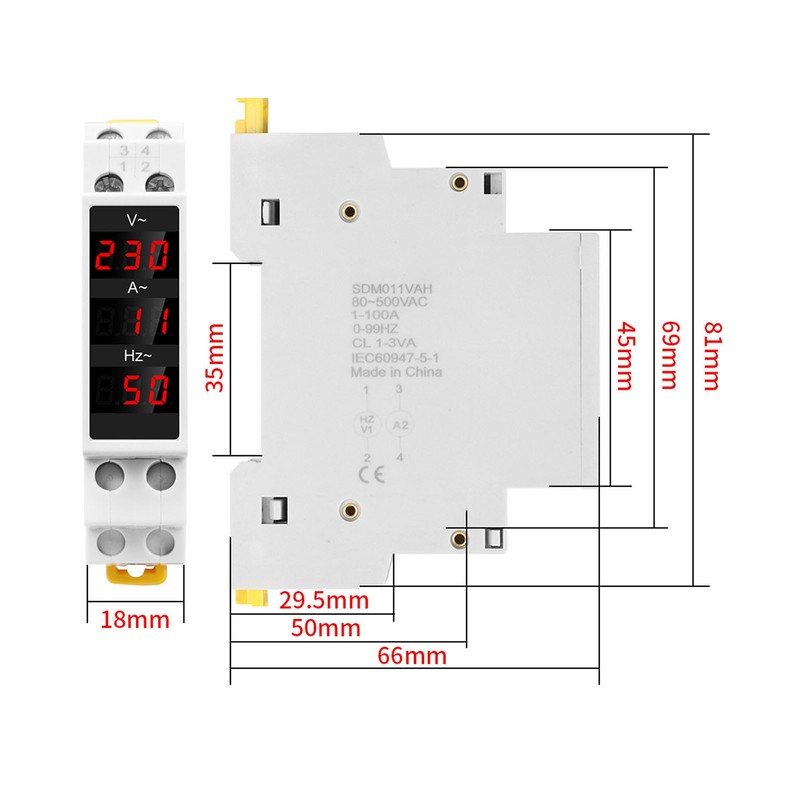 Digital Display Energy Meter Din Rail Mounted Volts Amps Hertz