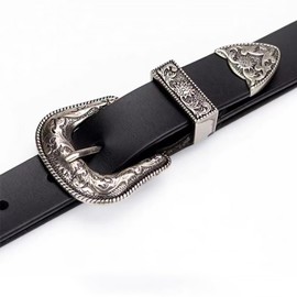 Lamerry Y2K Western Leather Belt, Vintage Belt, 42.5 inches (108 cm), American Casual, PU Leather, Men's, Women's, Black, Black